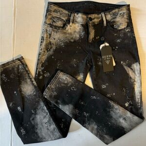 Guess Space Glitter Wash Jeans, Kate Skinny Slim Fit Low Rise Sparkly Distressed